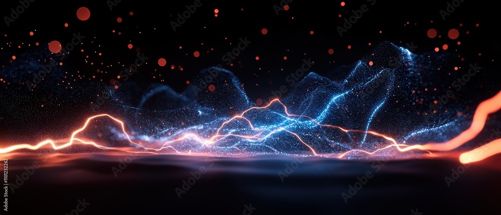 Aufkleber illuminated neural connections: dynamic blue and red light streams interwoven in high-energy display