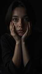 Fototapeta premium Close-Up Portrait of a Woman Resting Her Chin on Hands, Staring Directly with Intense Gaze in a Dark, Moody, and Dramatic Light Setting