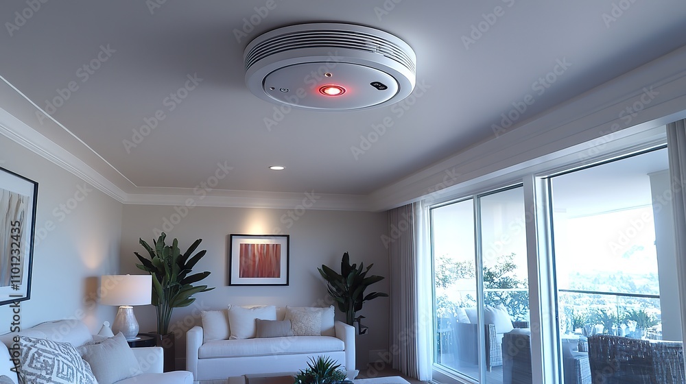 Poster in the background there is a copy space and an active smoke detector and linked fire alar