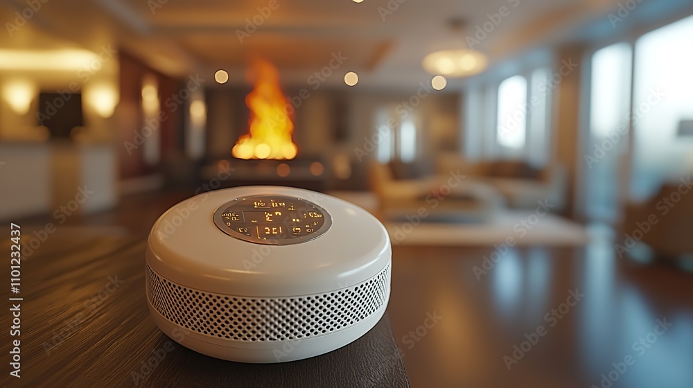 Poster in the background there is a copy space and an active smoke detector and linked fire alar