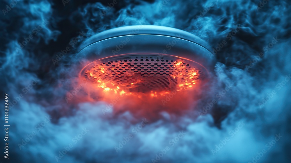Aufkleber in the background there is a copy space and an active smoke detector and linked fire alar