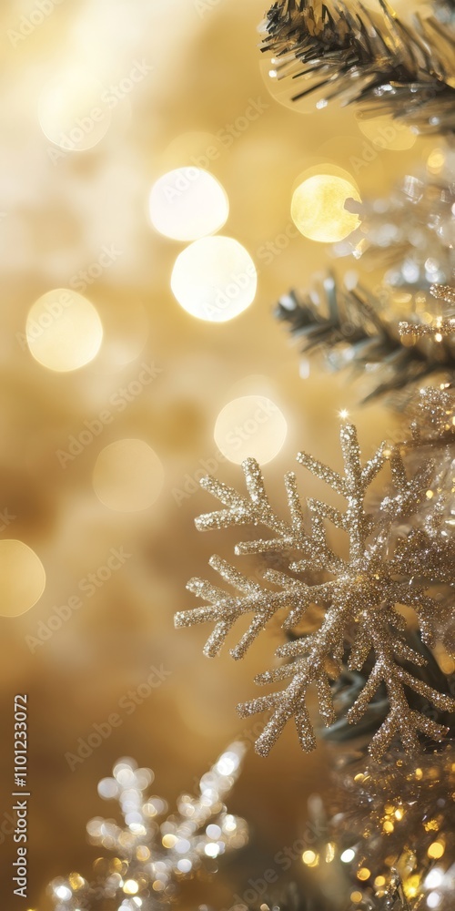 Aufkleber a festive image features elegant gold decorations and a sparkling tree branch, creating a warm and m