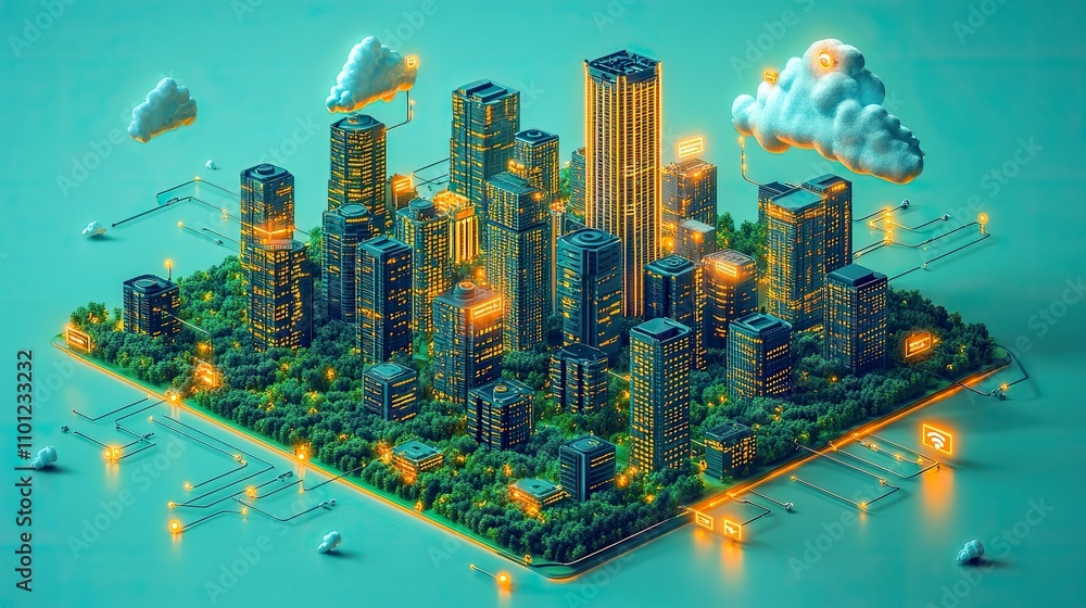 Poster innovation that is isometric a secure wireless connection big data connection technology and a smart city are all interconnected high speed lines are also mentioned the idea of what lies ahea