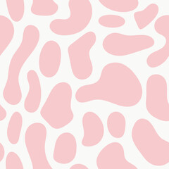 Seamless cow or dalmatian spot pattern with bold pink shapes on white. Ideal for wallpaper, textiles, and creative decor. High quality vector artwork with a unique style.