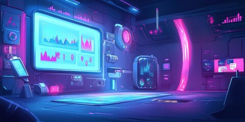 Obraz premium A futuristic control room with digital displays and neon lighting, designed for data analysis.