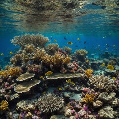 Naklejka premium A coral reef teeming with vibrant marine life in shallow, transparent water.