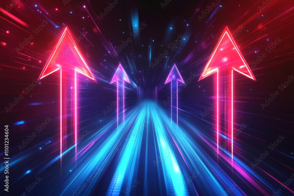 Poster glowing red and blue arrows prominently point upwards against a richly dark background, symbolizing 