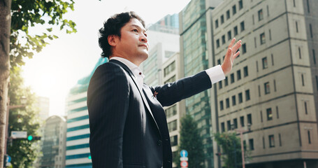 Japanese businessman, city and hailing taxi for transportation, law firm or company as attorney....