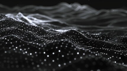 Abstract Black and White Wavy Landscape with Glowing Dots