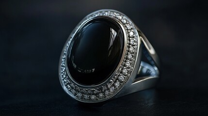A bold ring showcasing a sleek black onyx gemstone, framed by shimmering diamond accents on a striking silver band. Perfect for edgy fashion, jewelry, and luxury projects