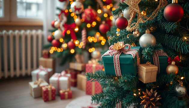 Christmas Tree Decorations And Alot Of Gifts