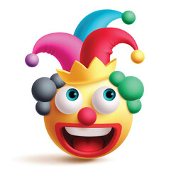Naklejka premium Clown emoji 3d clipart character. Emoji joker buffoon character in happy face, funny and enjoy facial expression with colorful hat and wig graphic elements. Vector illustration clown birthday emoticon