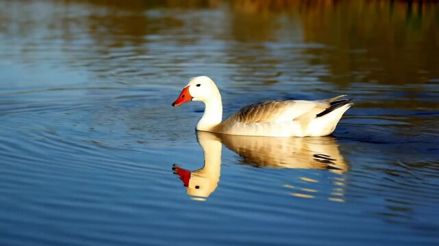 Domestic goose wallowing in the clear lake