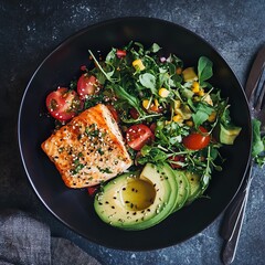 Delicious Grilled Salmon Salad with Avocado and Cherry Tomatoes