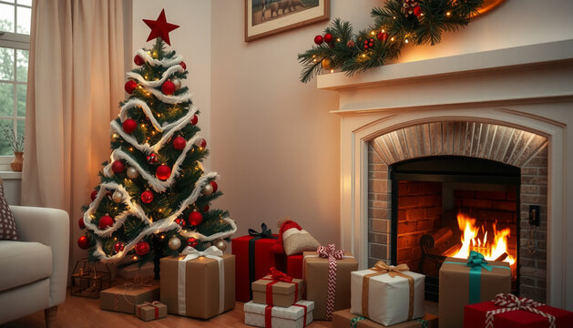 Christmas Present Near The Fireplace