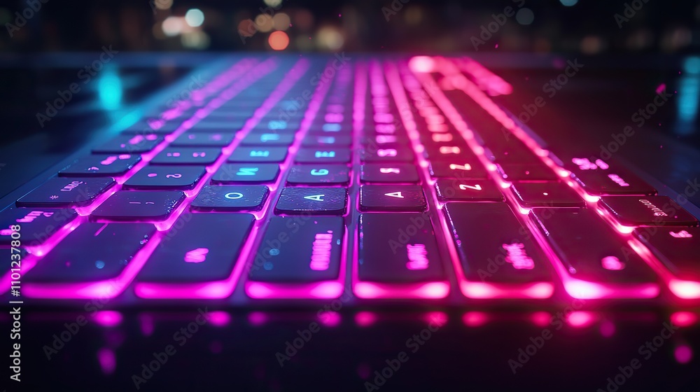 Poster keyboard with dark neon light effect rendering