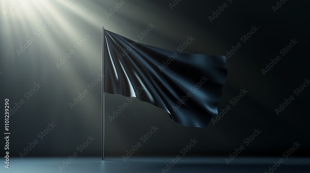 Poster fluttering black flag swaying gently in a dimly lit space with soft light illuminating the fabric