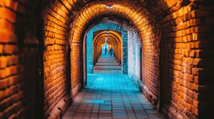 Obraz premium Vibrant Brick Archway Corridor with Colorful Walkway