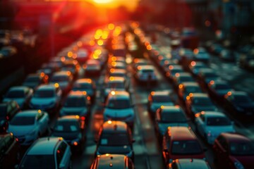 Obraz premium Blurry night view of cars parked in an open lot with soft glowing lights
