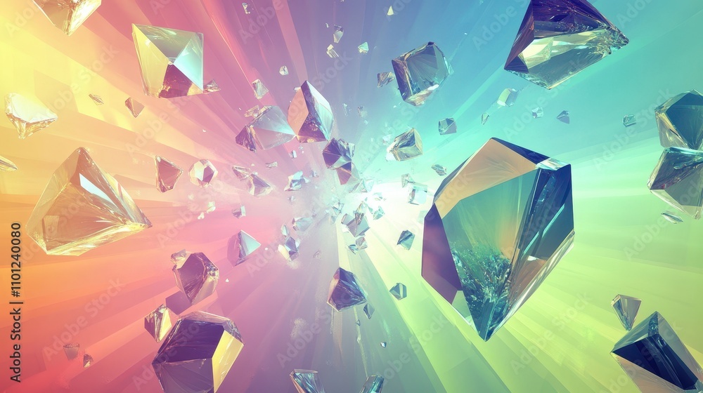 Poster abstract image of floating crystals with vibrant gradient background.