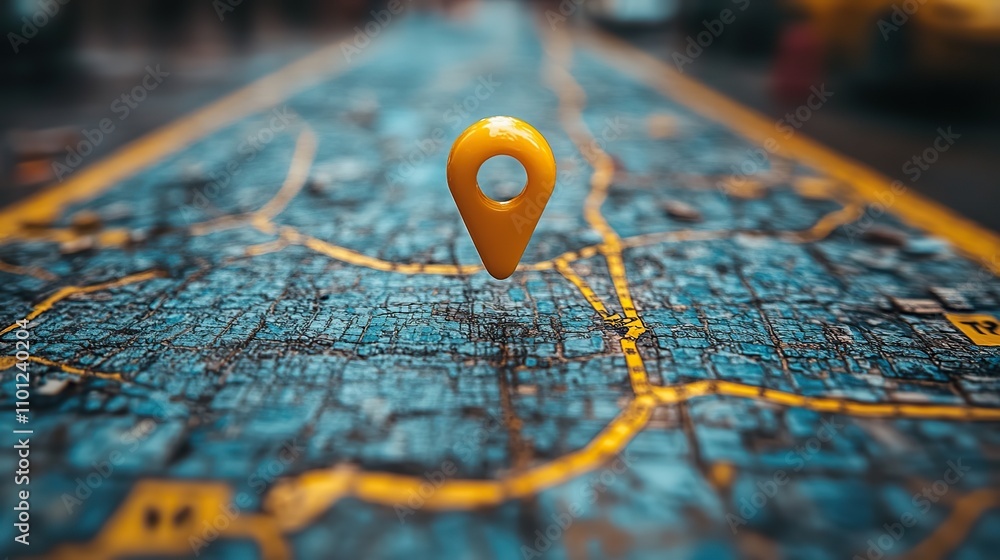 Poster location marking with a pin on a map with routes find your way adventure discovery navigation commun