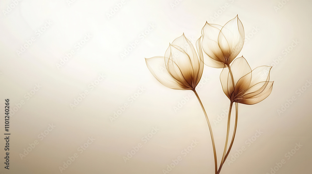 Poster elegant minimalist design featuring three delicate flowers with soft lines. warm tones create serene