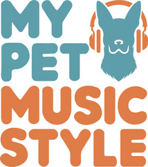 Print style illustration with a phrase and a dog with headphones.