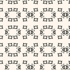 Vector black and white floral seamless pattern. Abstract minimal geometric ornament with flowers in oriental style. Simple monochrome background.