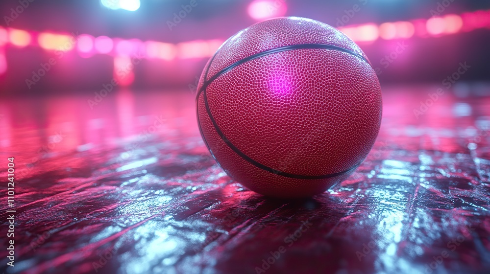 Poster loop animation of basketball with dark neon light effect rendering
