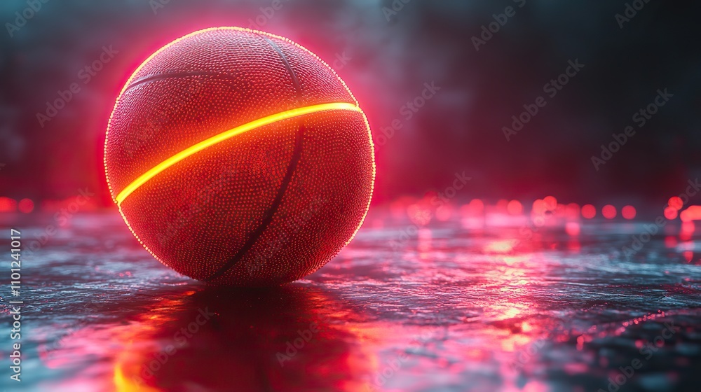 Poster loop animation of basketball with dark neon light effect rendering