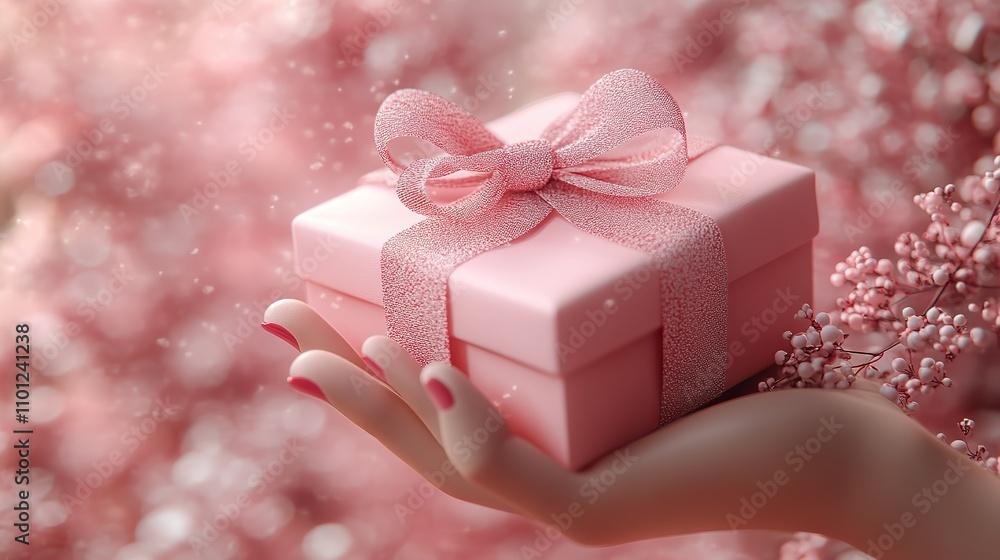 Poster loop animation of cartoon gift box in a hand rendering