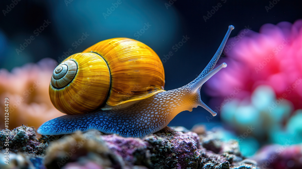 Poster vibrant snail exploring colorful underwater environment, showcasing its intricate shell and delicate
