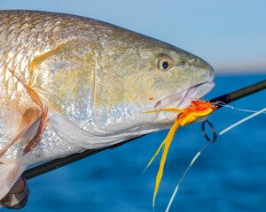Fish caught with a lure against blue sea