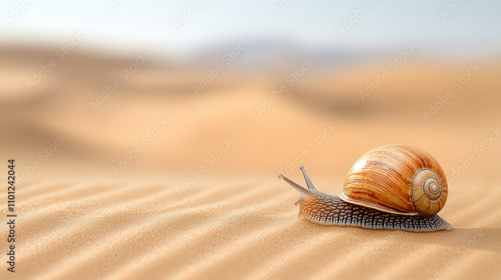 Poster realistic photo of snail in nature on sandy terrain, showcasing its intricate shell and delicate fea