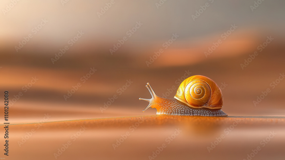 Poster realistic photo of snail in nature, showcasing its vibrant shell and delicate movement across soft s