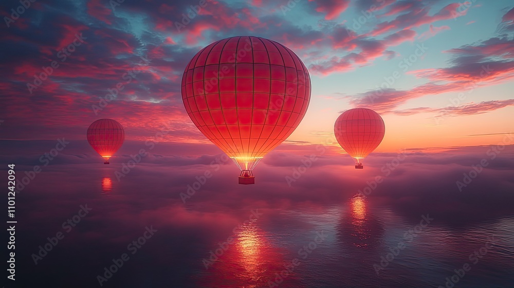 Poster loop animation of hot air balloon with dark neon light effect rendering