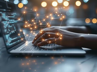 Photo of the hands of a person working at a laptop is generated AI