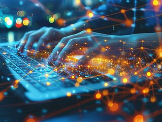 Photo of the hands of a person working at a laptop is generated AI