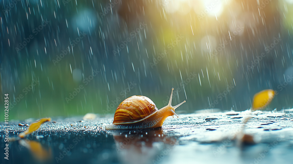 Poster snail in nature slowly making its way through rain, showcasing resilience and beauty. soft droplets 