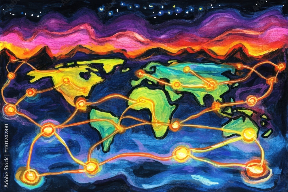 Aufkleber a colorful depiction of a connected world, illustrating global networking and communication.