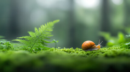 realistic photo of snail in nature, surrounded by lush green ferns and moss, creating serene and tranquil atmosphere