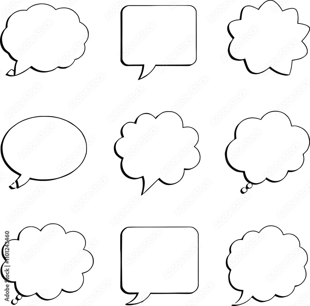 Poster blank empty speech and thought bubbles line art bundle vector illustration set