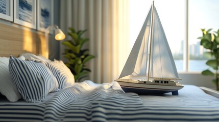 Fototapeta premium Striped Bedroom with a Sailboat Decor