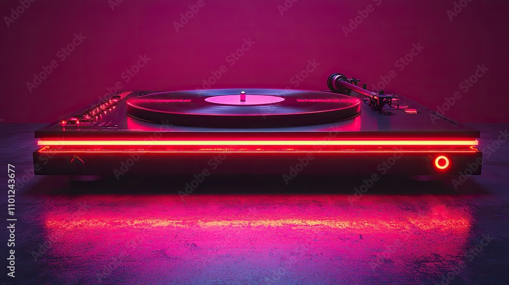 Poster loop animation of record player with dark neon light effect rendering