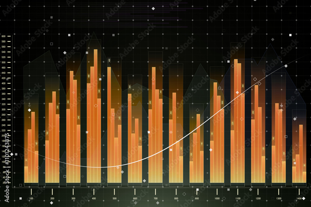Poster Digital analytics and financial data concept with yellow graphs and diagrams on digital interface with dark background, banking or accounting concept. 3D rendering