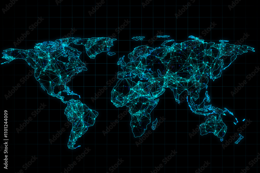 Aufkleber Global business communication and network connection concept with light blue digital world map covered by connected lines on abstract dark background. 3D rendering