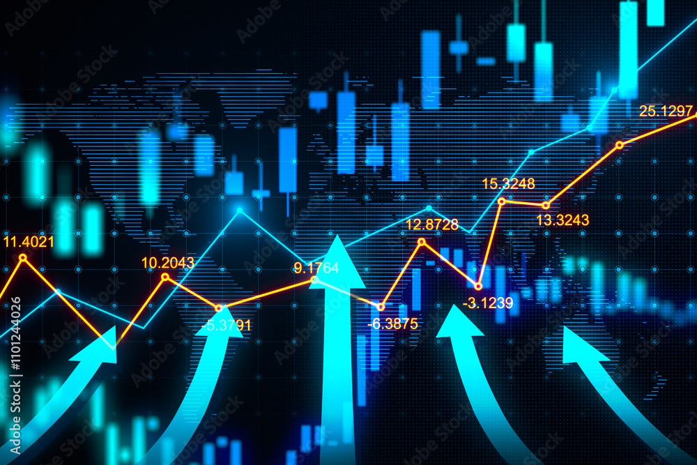Poster stock market growth concept with front view on digital glowing blue rising arrows graphs and financi