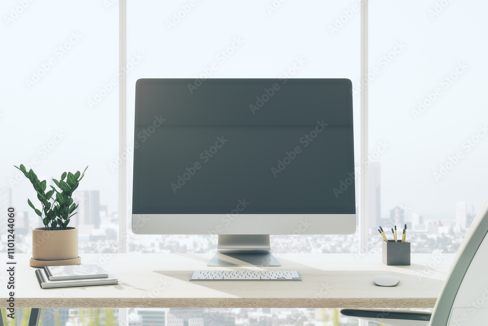 Aufkleber Front view on blank dark modern computer monitor on wooden table with flower pot, notebooks and keyboard in sunny office with city view from window. 3D rendering, mock up