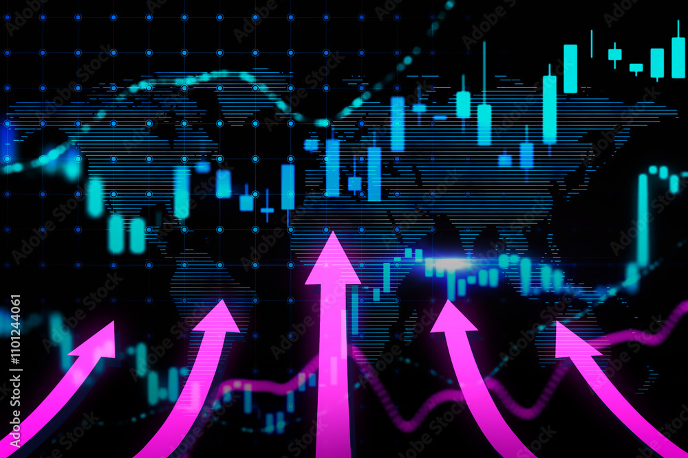 Aufkleber global economy growth concept with rising up digital pink arrows on dark trader screen background wi