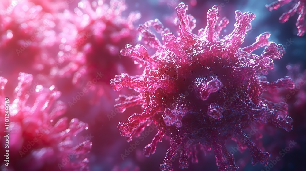 Poster loop animation of virus with dark neon light effect rendering